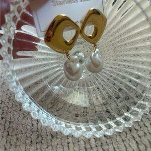 Gold Teardrop Baroque Pearl Dangle Earrings